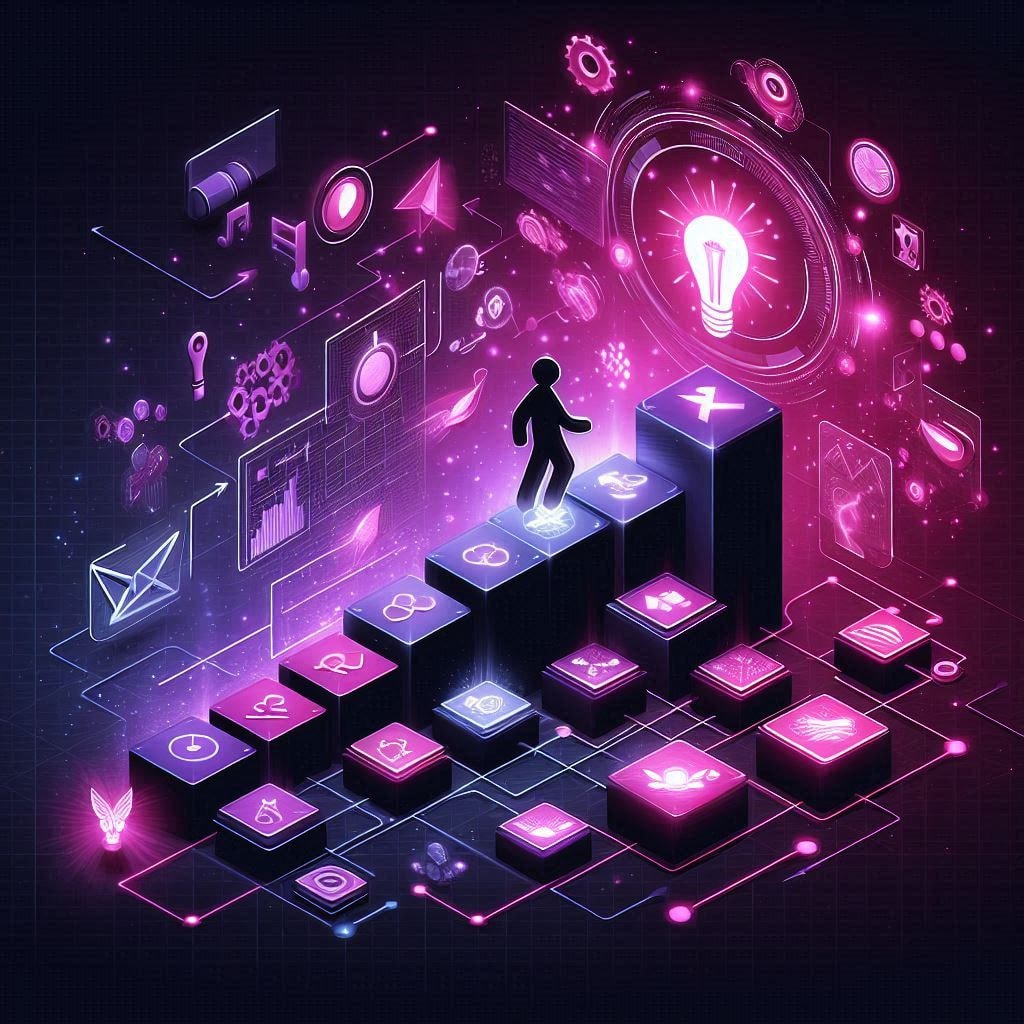 A person stands on digital, glowing steps surrounded by various technology icons and symbols, including a light bulb, gears, and charts. The vibrant pink and purple hues symbolize innovation and progress, much like a digital marketing training course ignites creativity and growth in the tech world.