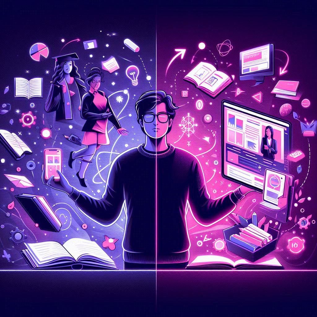 Illustration of a person balancing digital and traditional education. The left side shows books and graduation elements, while the right features online learning with a computer and digital content, like a vibrant SEO training workshop. Bright colors highlight the contrast between methods.